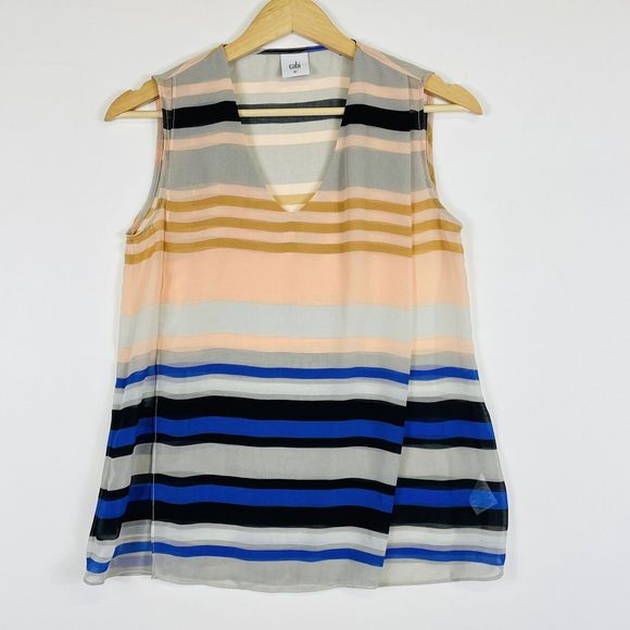 CAbi Multicolor Stripe Chiffon Sheer Wrap V-Neck Tank Top Shirt Blouse Womens XS - Picture 1 of 6